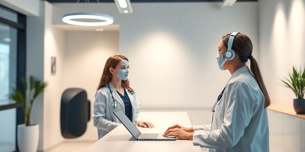 AI receptionist assisting a patient in a clinic.