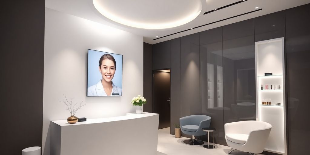 Cosmetic clinic interior with a friendly AI receptionist.