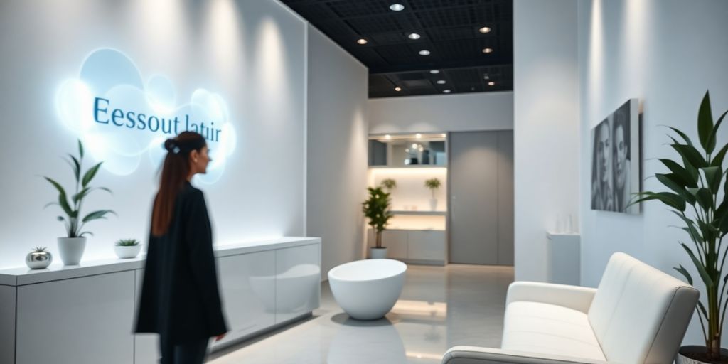 Sleek AI interface assisting a patient in a modern clinic.