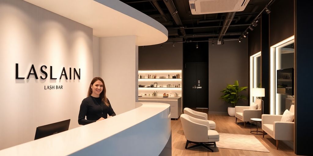 Lash bar interior with a friendly AI receptionist.