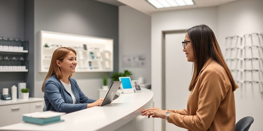 Optometrist and patient interacting with a futuristic interface.