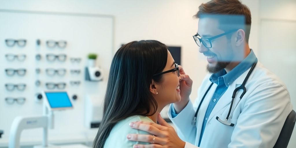 Optometrist smiling at patient near AI interface.