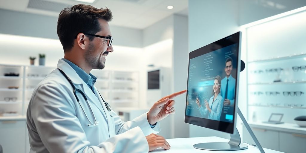 Optometrist smiling at patient using AI interface.