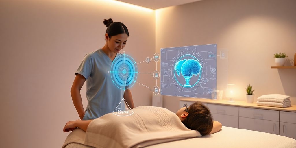 Massage therapist interacting with futuristic AI interface.