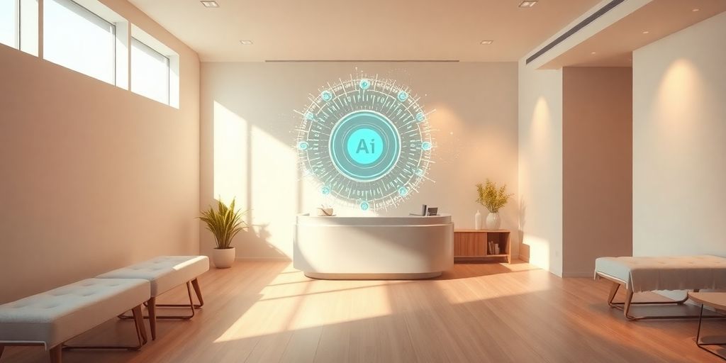 Modern clinic reception with AI interface.