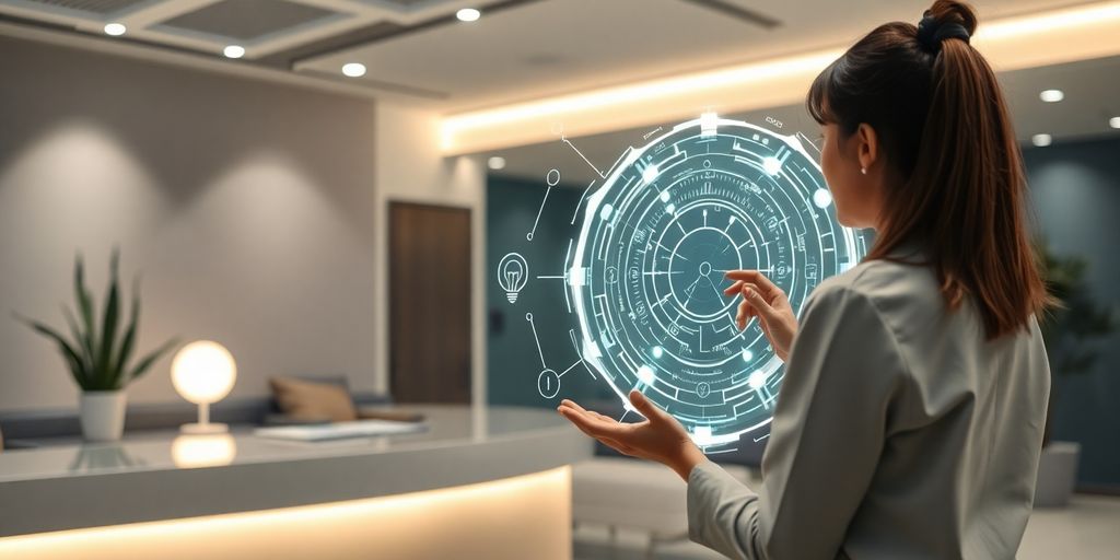 Massage therapist using AI receptionist interface.