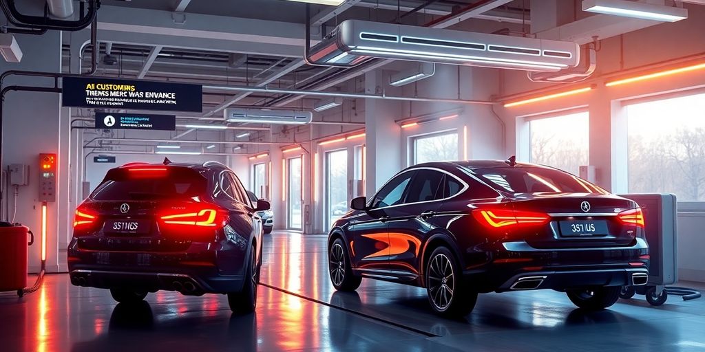 AI managing car wash operations with futuristic interface.