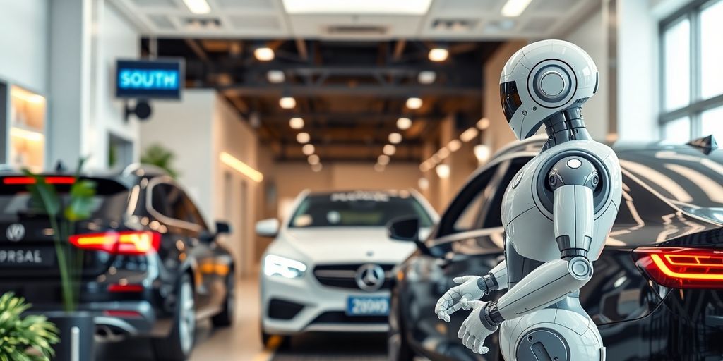 Car wash AI robot assisting customer at front desk.