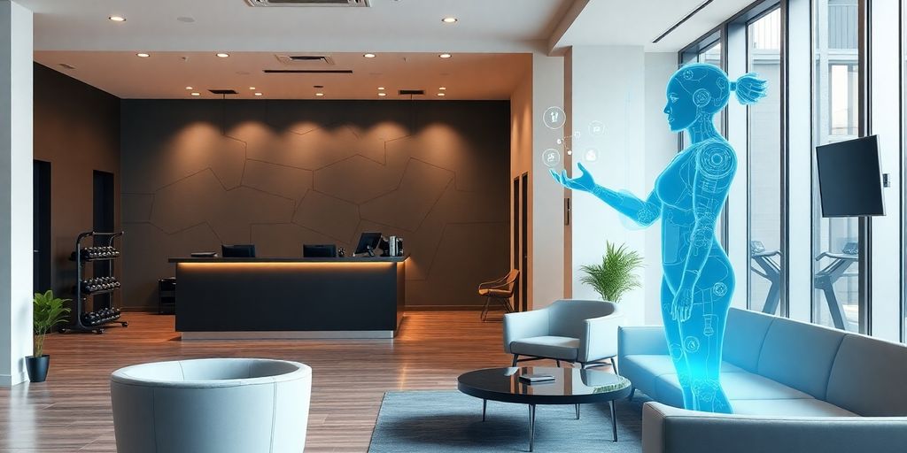 Fitness studio reception with a friendly AI interface.