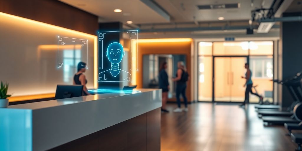 Fitness studio reception with AI assistant.