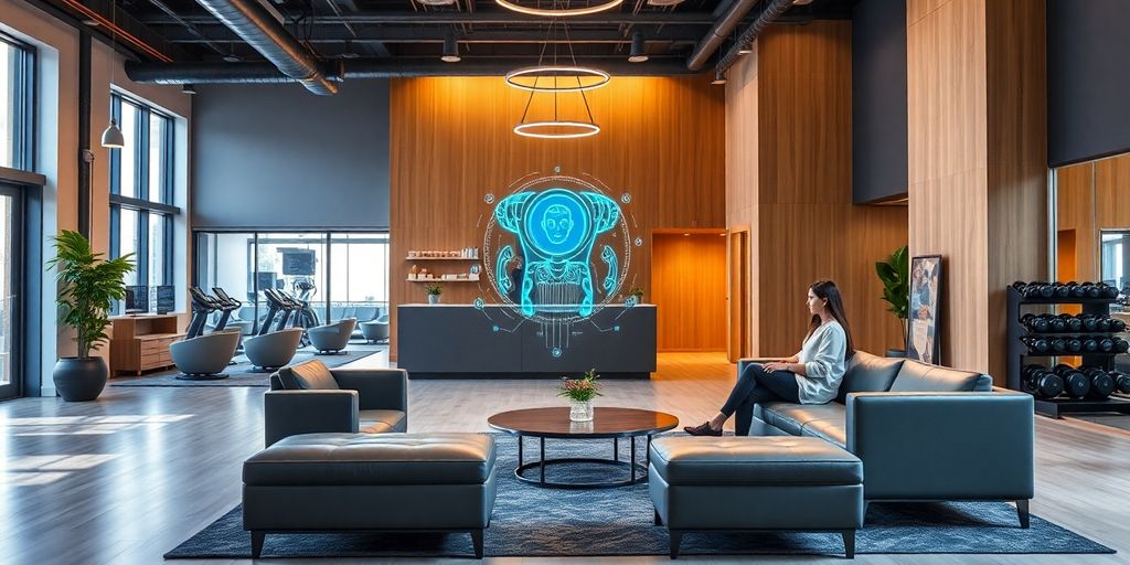 Fitness studio reception with AI assistant.