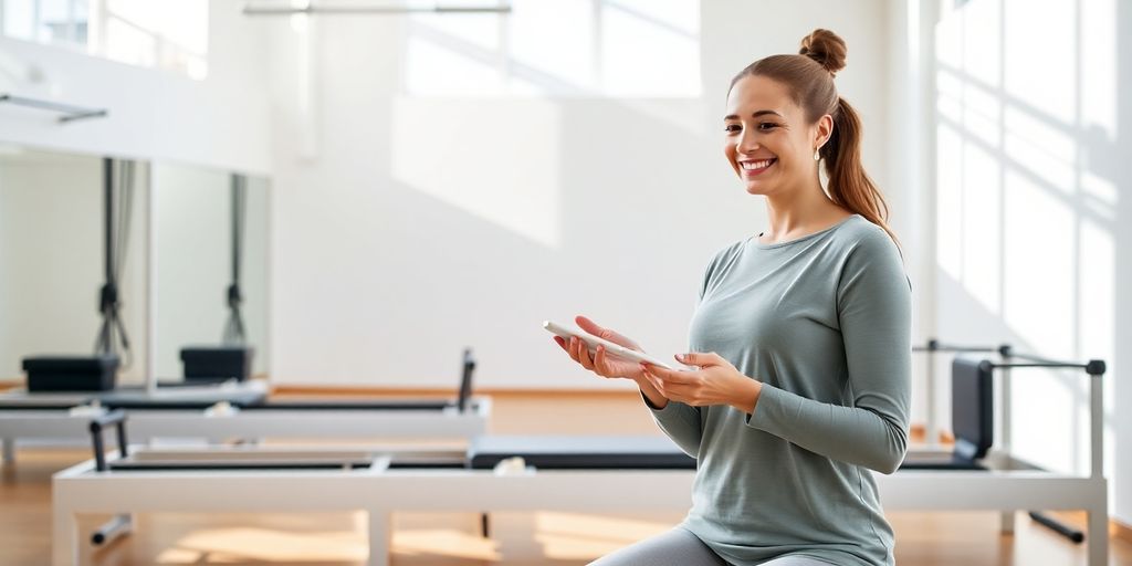 Pilates studio interior with happy clients booking seamlessly.