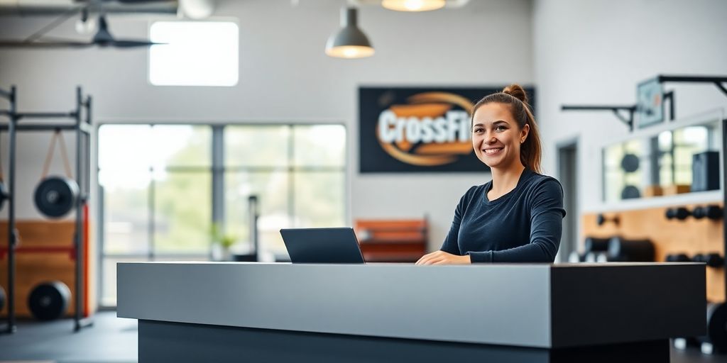 CrossFit gym with a smiling receptionist behind a desk.