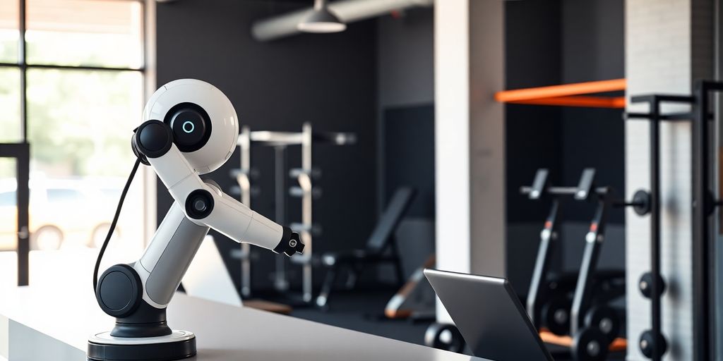CrossFit gym reception area with AI robot assisting members.