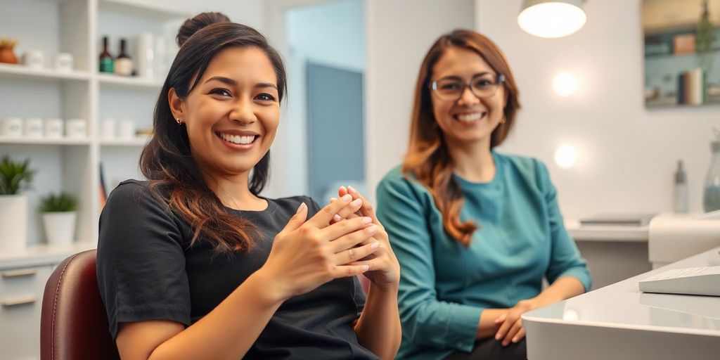 Smiling nail technician and happy client.