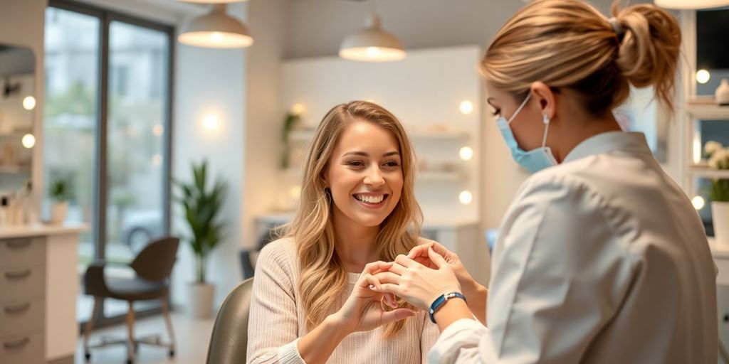 Nail technician smiling while client receives manicure.