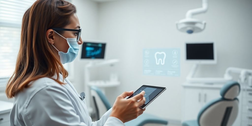Dentist smiling with AI receptionist interface.