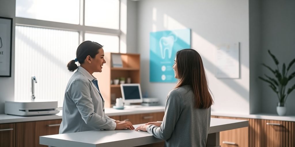 Dental clinic reception with smiling patient and AI interface.