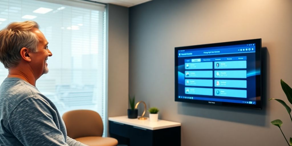 Chiropractor using AI receptionist interface on tablet.