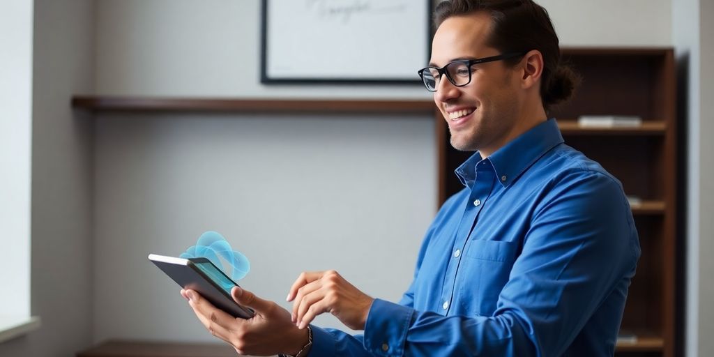 Chiropractor using AI receptionist on a tablet.
