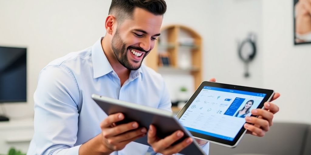 Chiropractor using AI assistant on tablet