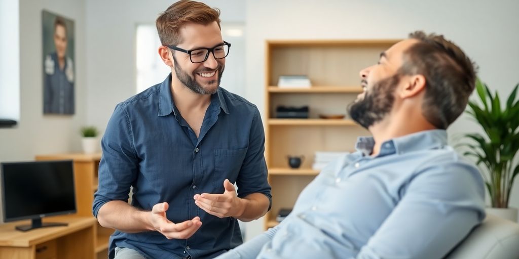 Chiropractor smiling while talking to a patient.