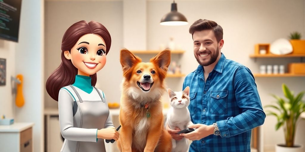 Pet grooming AI receptionist interacting with happy pet owners.