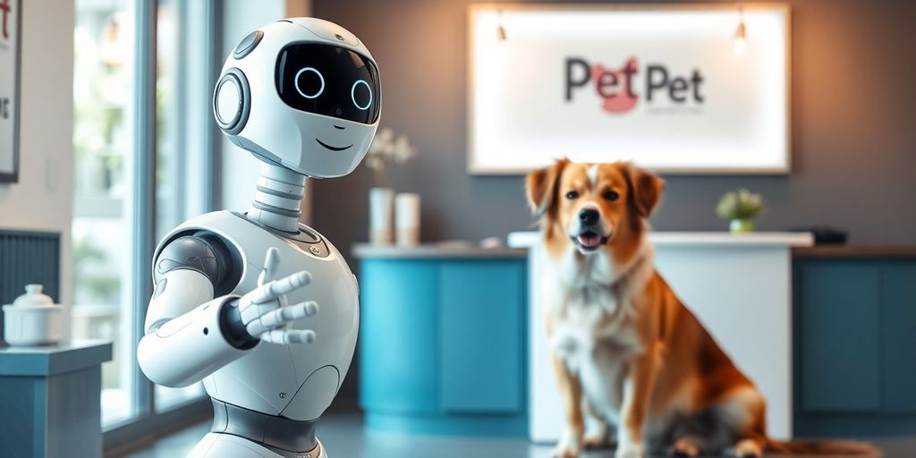 AI bot interacting with a happy dog at a grooming salon desk.
