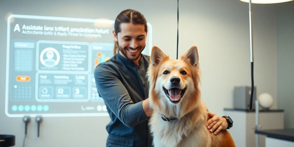 Groomer smiles with happy dog at AI-powered desk.