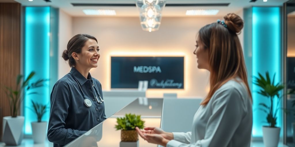Medspa reception with happy client and AI interface.
