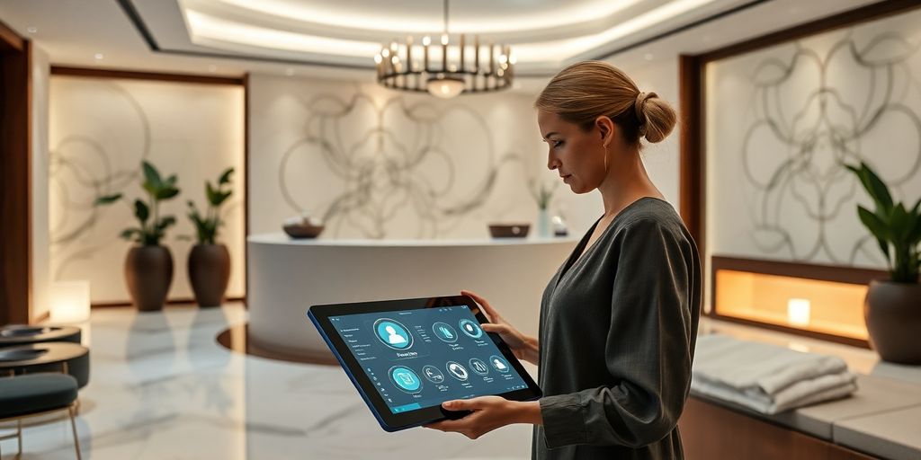 Spa receptionist interacting with AI interface.