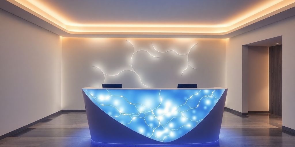 Futuristic spa reception with AI chatbot interface.