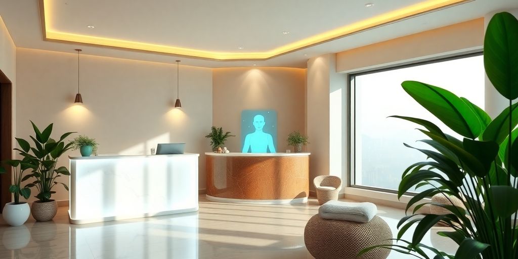 Modern spa reception with smiling AI receptionist avatar.
