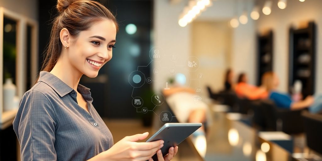 Salon receptionist looking at a tablet.