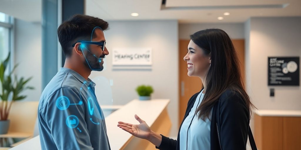 Person smiling interacting with a futuristic AI interface.