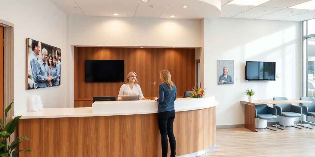 Modern hearing center interior with smiling receptionist.