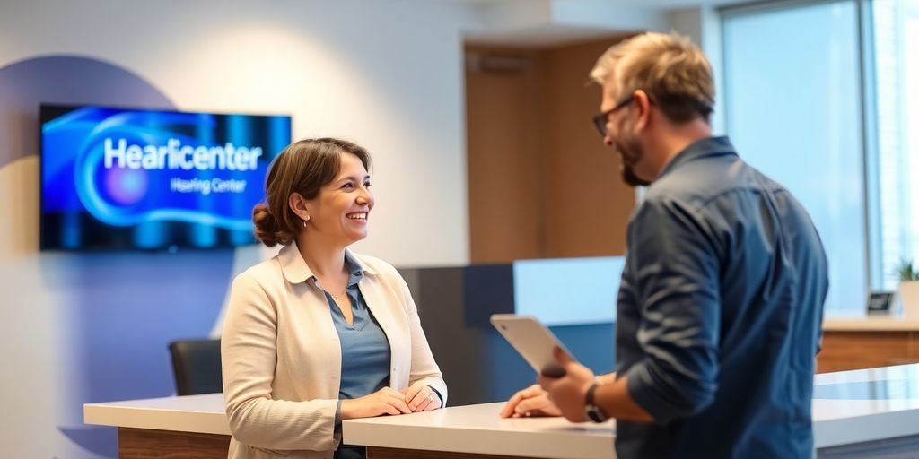 Smiling receptionist assists patient at a hearing center counter.