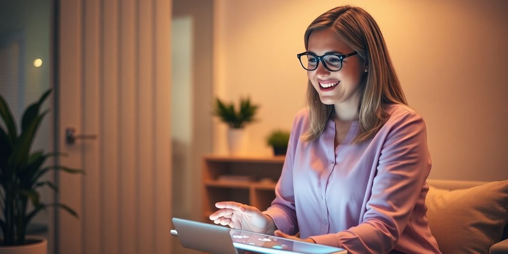Therapist smiling with AI receptionist interface.