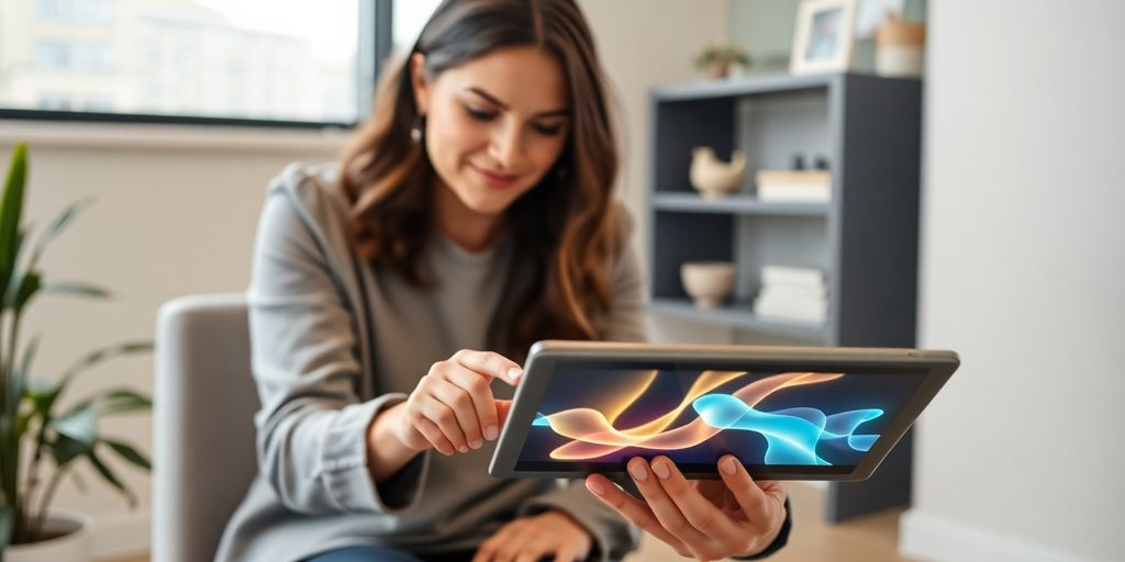 Therapist using AI receptionist on computer.