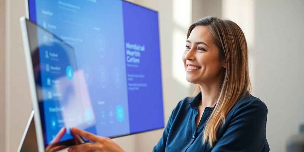 Therapist smiling at a computer screen.