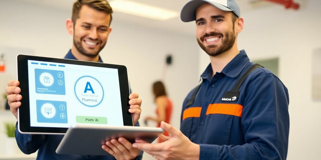 Plumber talking to AI receptionist on futuristic tablet.
