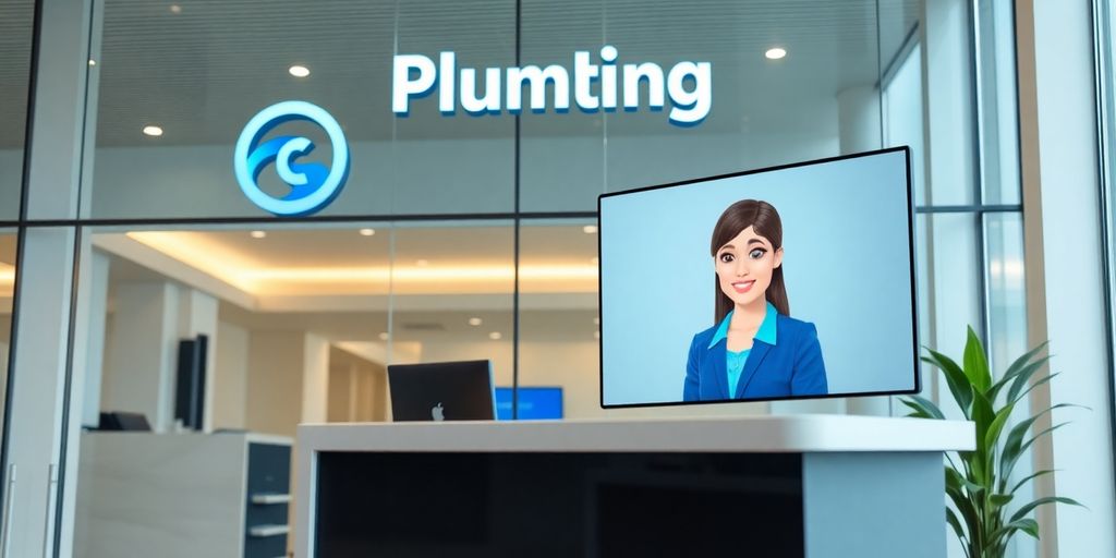 Plumbing van outside modern office building.
