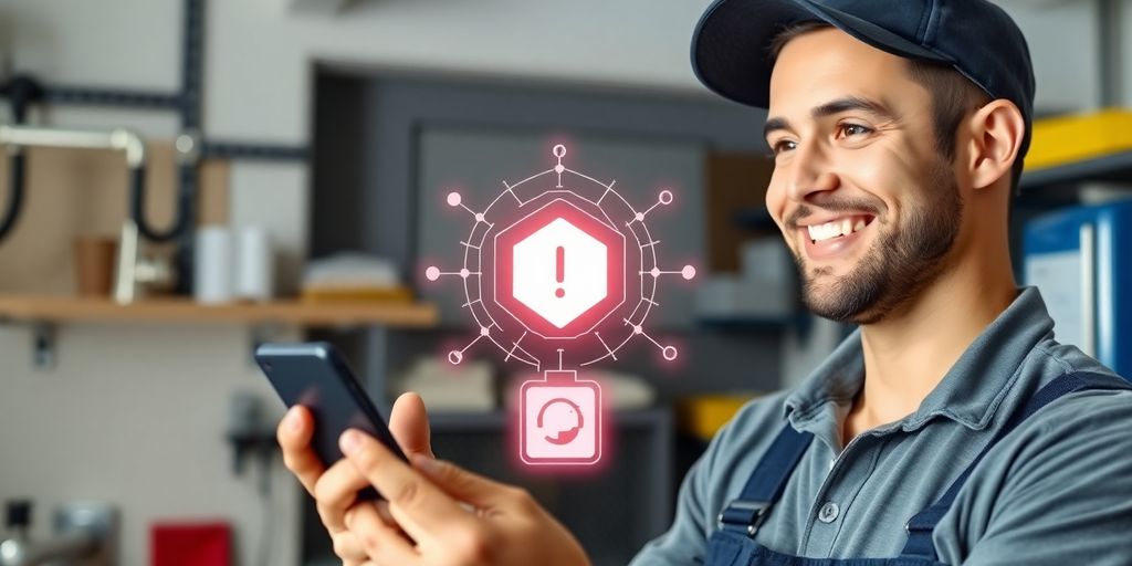 Plumber using smartphone with AI interface.