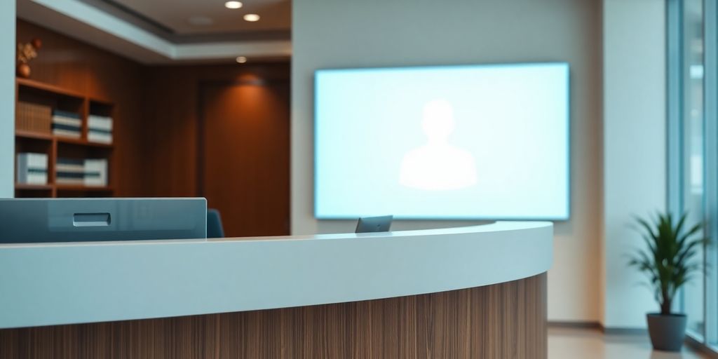 Law office reception area with a digital avatar.