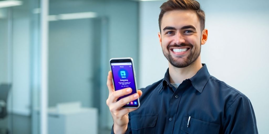 Pest control technician using smartphone with AI chatbot interface.