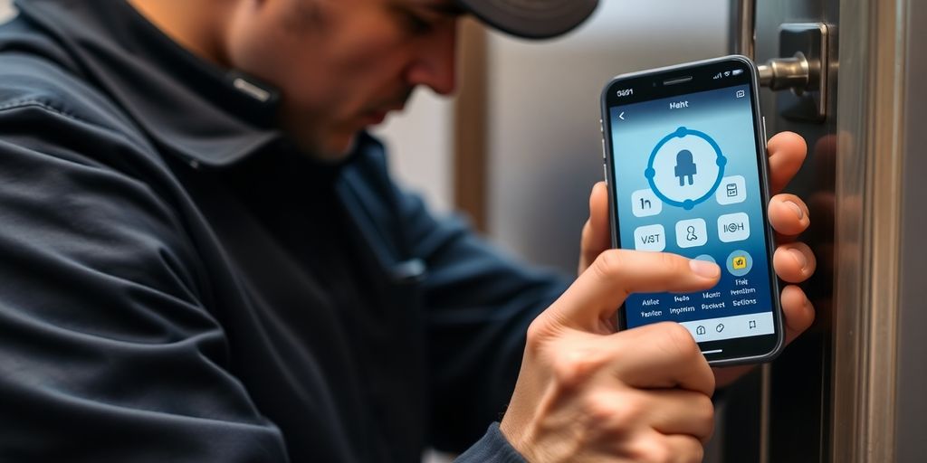 A locksmith using a smartphone with AI.