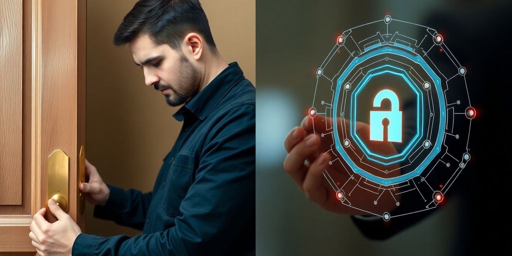 Modern AI interface interacting with a locksmith.