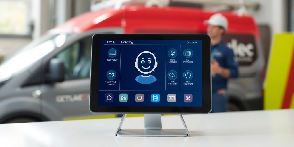 HVAC technician working with smartphone and AI.