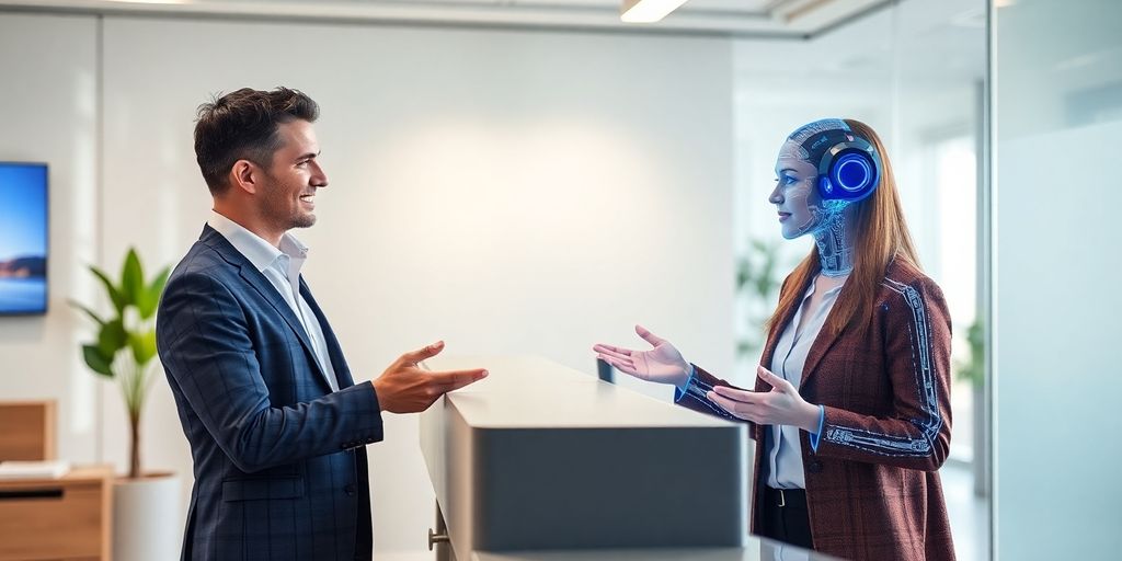 Tax preparer smiling with AI receptionist.