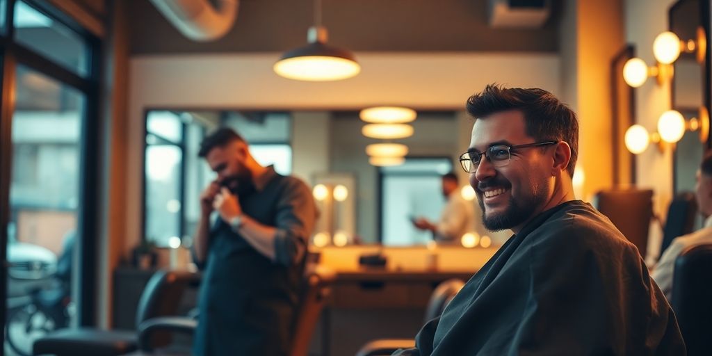 Barber at desk with phone and happy client.